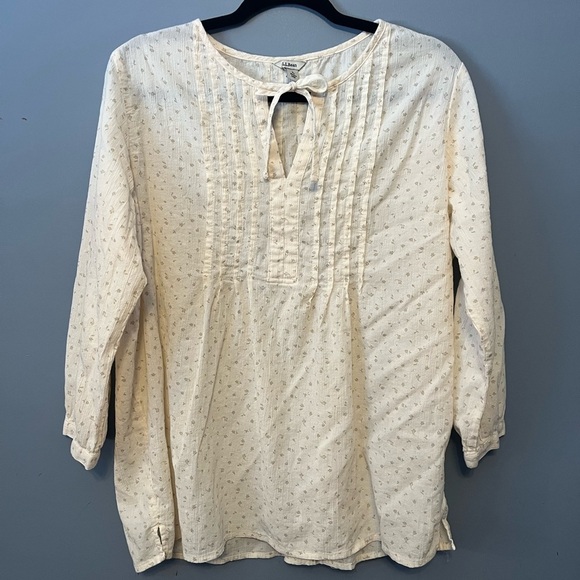 LL Bean Cream Floral Peasant Pleated Bib Tie Collar Blouse Long sleeve Cotton L - Picture 1 of 13